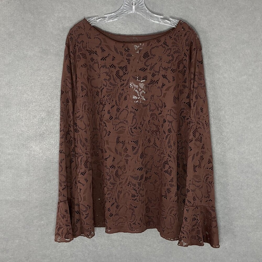 Jessica Simpson Top Womens Sz 3X Brown Floral Lace Sheer Bell Sleeve Fairy‎ Boho